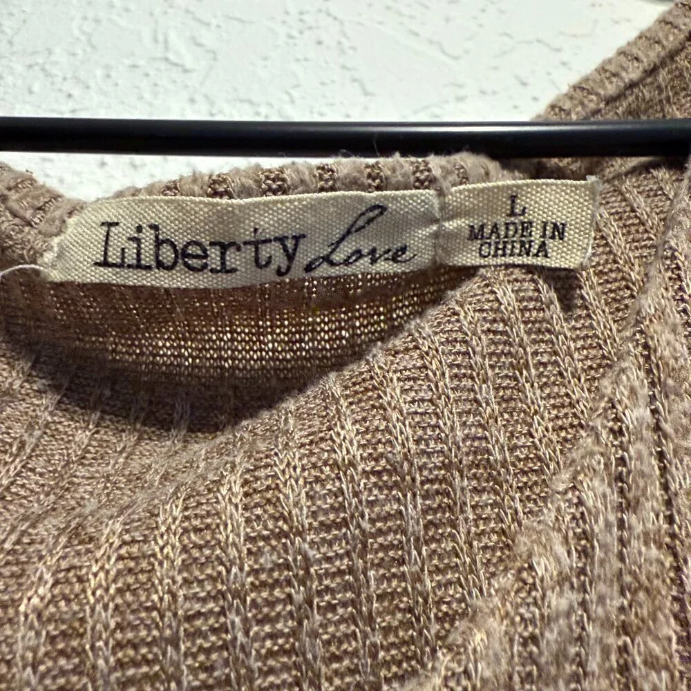 Liberty Love Brown Ribbed Knit Button Down Tie Front Blouse Women’s Size L Top